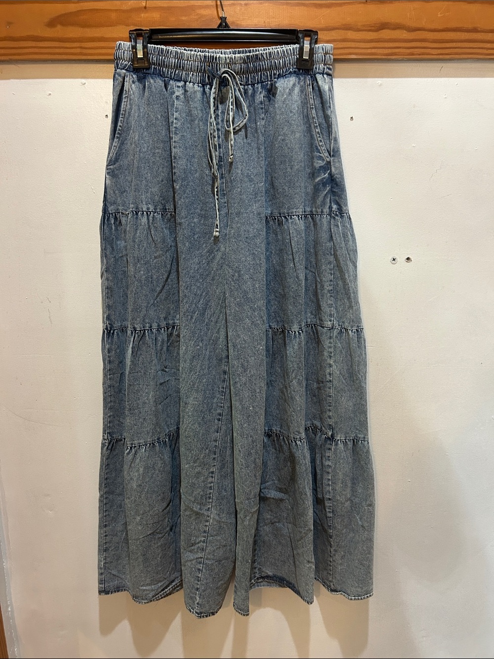 Very J Tiered Chambray Wide Lag Pants with Drawstring Waist